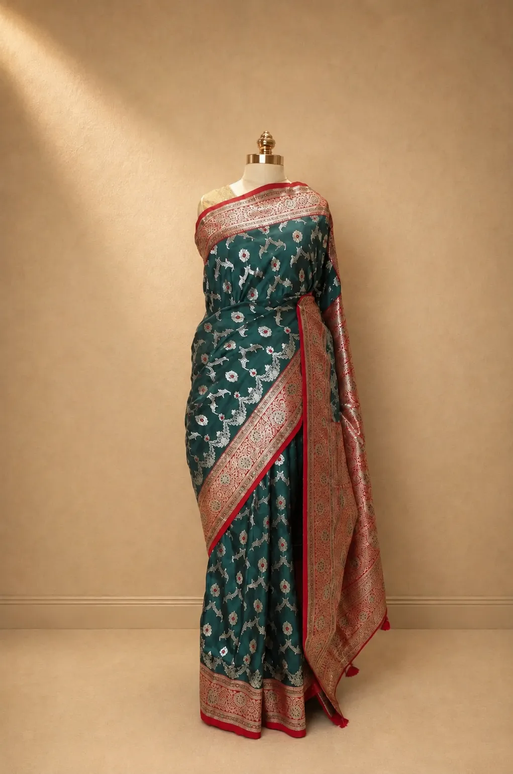 Peacock Teal Banarasi Silk Saree with Shimmering Silver Zari