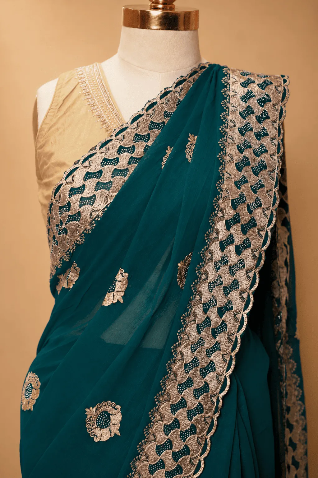 Deep Teal Blue Vichitra Slub Weave Silk Saree