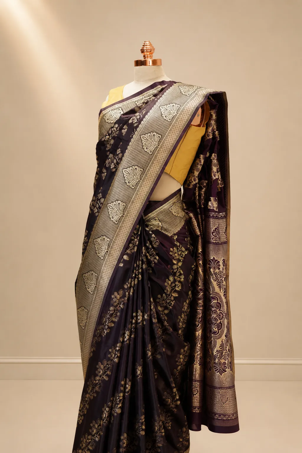 Wine Purple Banarasi Silk Saree with Antique Silver Zari Border & Champagne Gold Floral Jaal