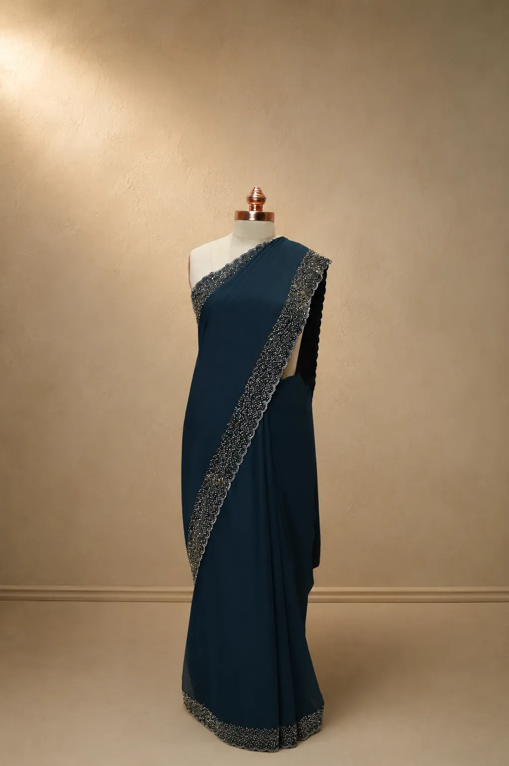 Midnight Blue Georgette Saree with Heavy Silver Cutdana Scallop Border