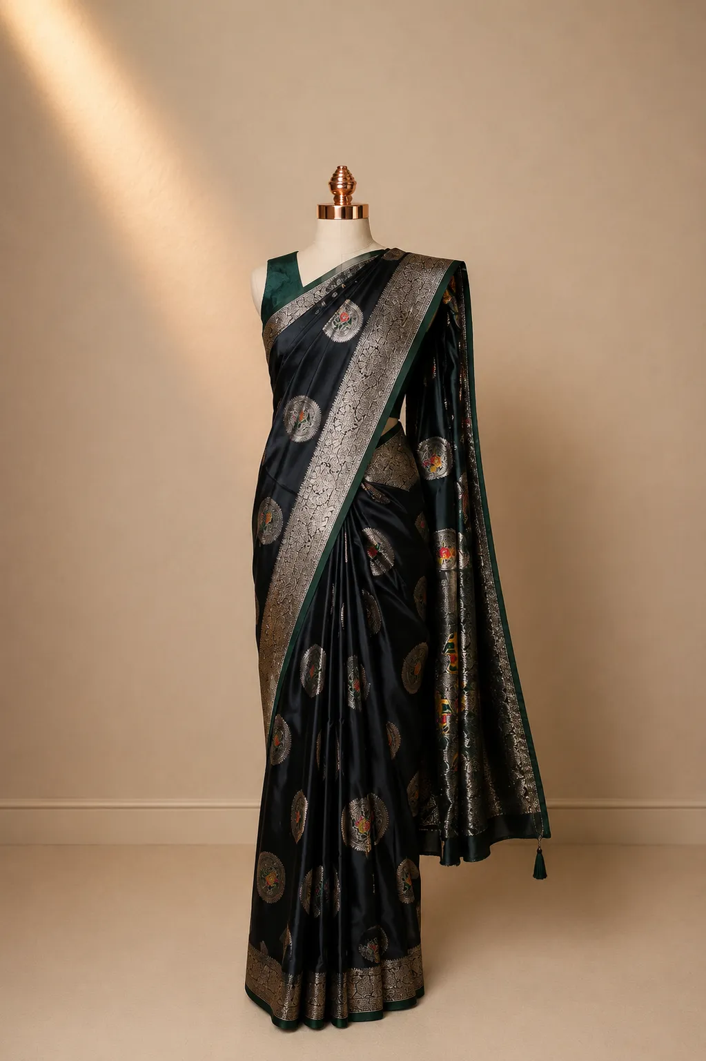 Midnight Navy & Emerald Green Banarasi Kadwa Brocade Silk Saree