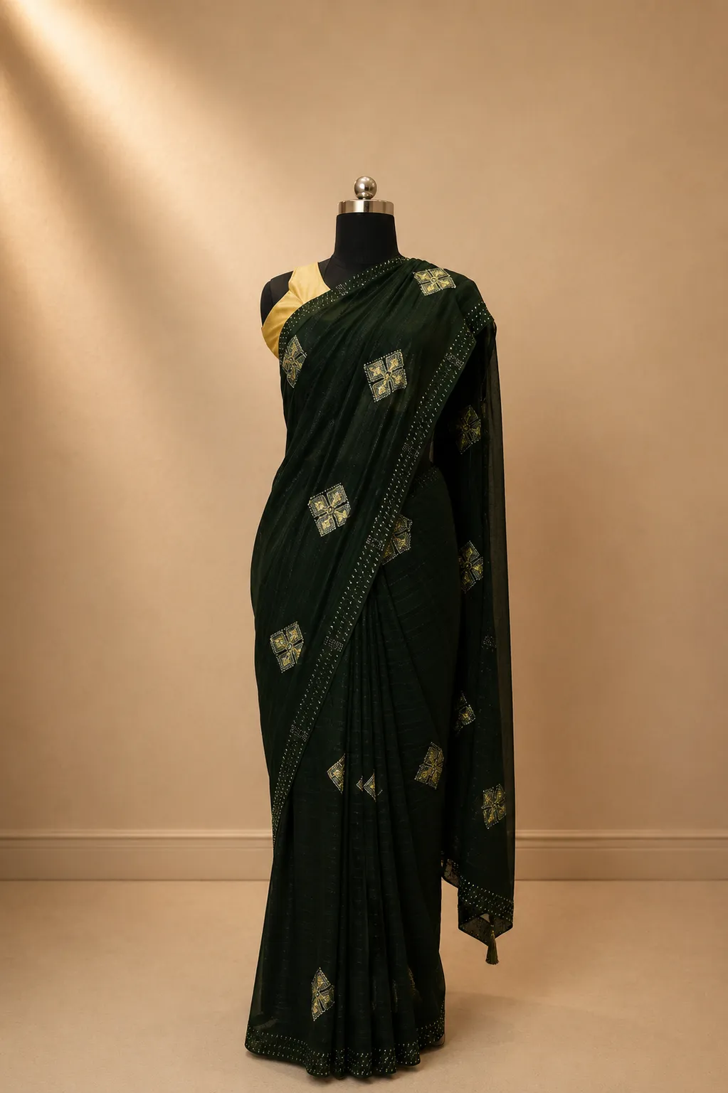 Deep Forest Green Georgette Saree with Shimmer Stripe Weave 