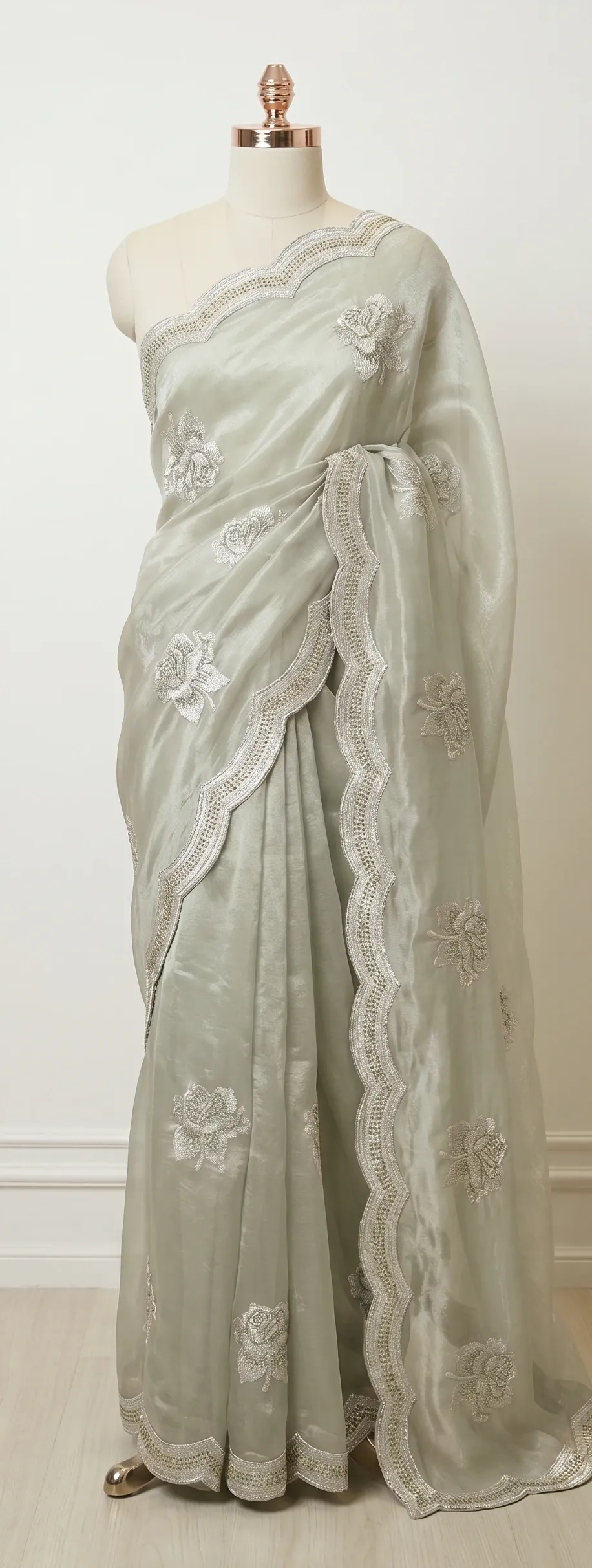 Mint Sage Floral Embroidered Organza Saree