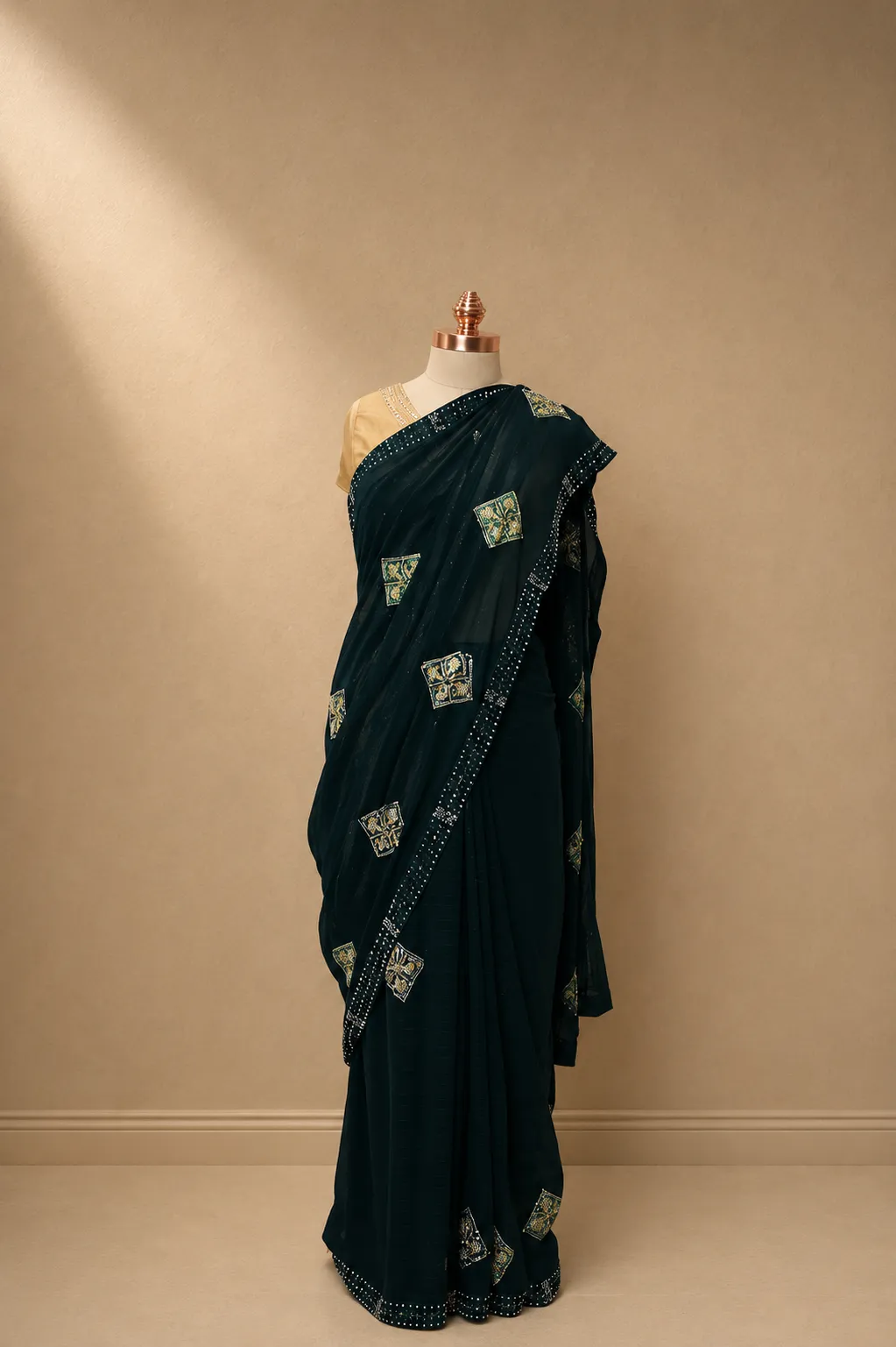 Deep Teal Blue Georgette Saree with Shimmer Stripe Weave 
