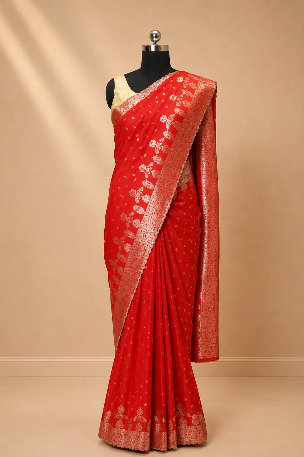 Vermilion Red Banarasi Weave Saree with Floral Zari Border