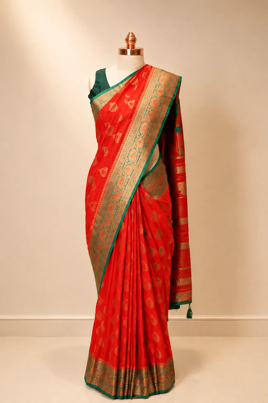 Regal Saffron Orange & Teal Green Kanjivaram Style Silk Saree