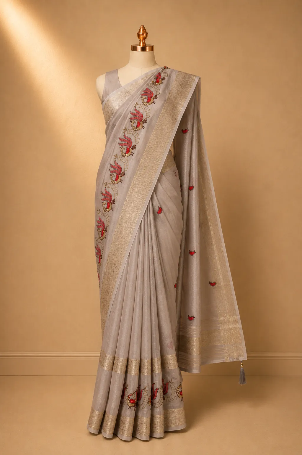 Elegant Beige Chanderi Silk Saree with Zari Border