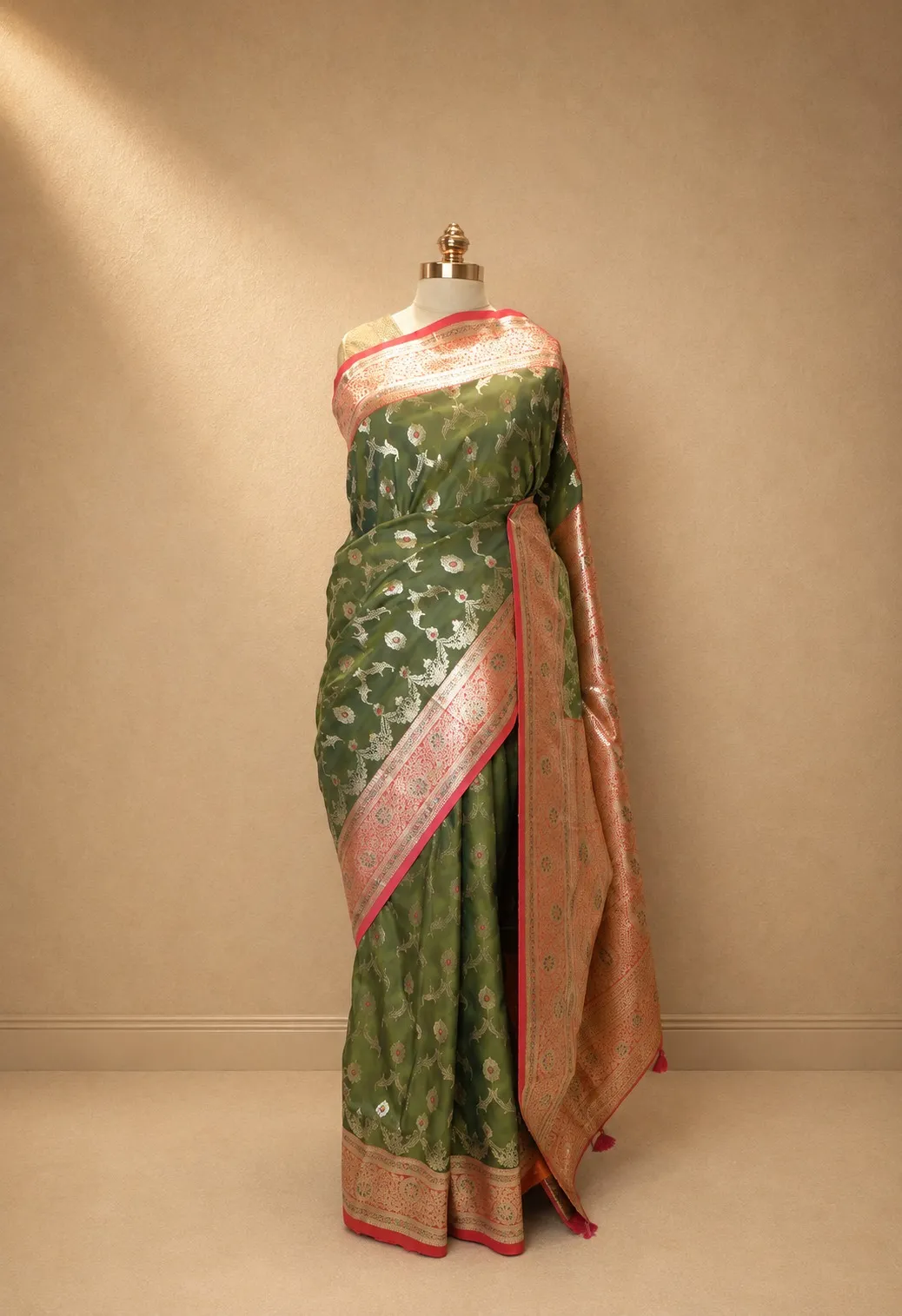Mehendi Green & Rose Gold Banarasi Silk Saree