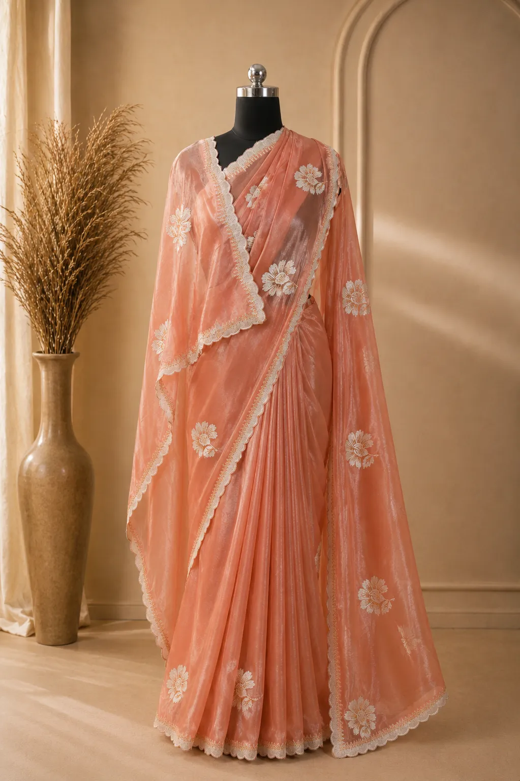 Blush Peach Organza Embroidered Organza Saree