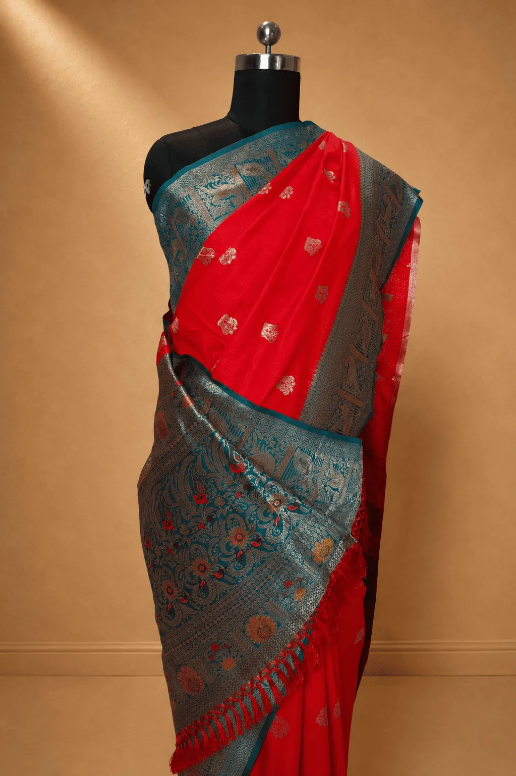 Rani Red & Teal Blue Banarasi Litchi Silk Saree