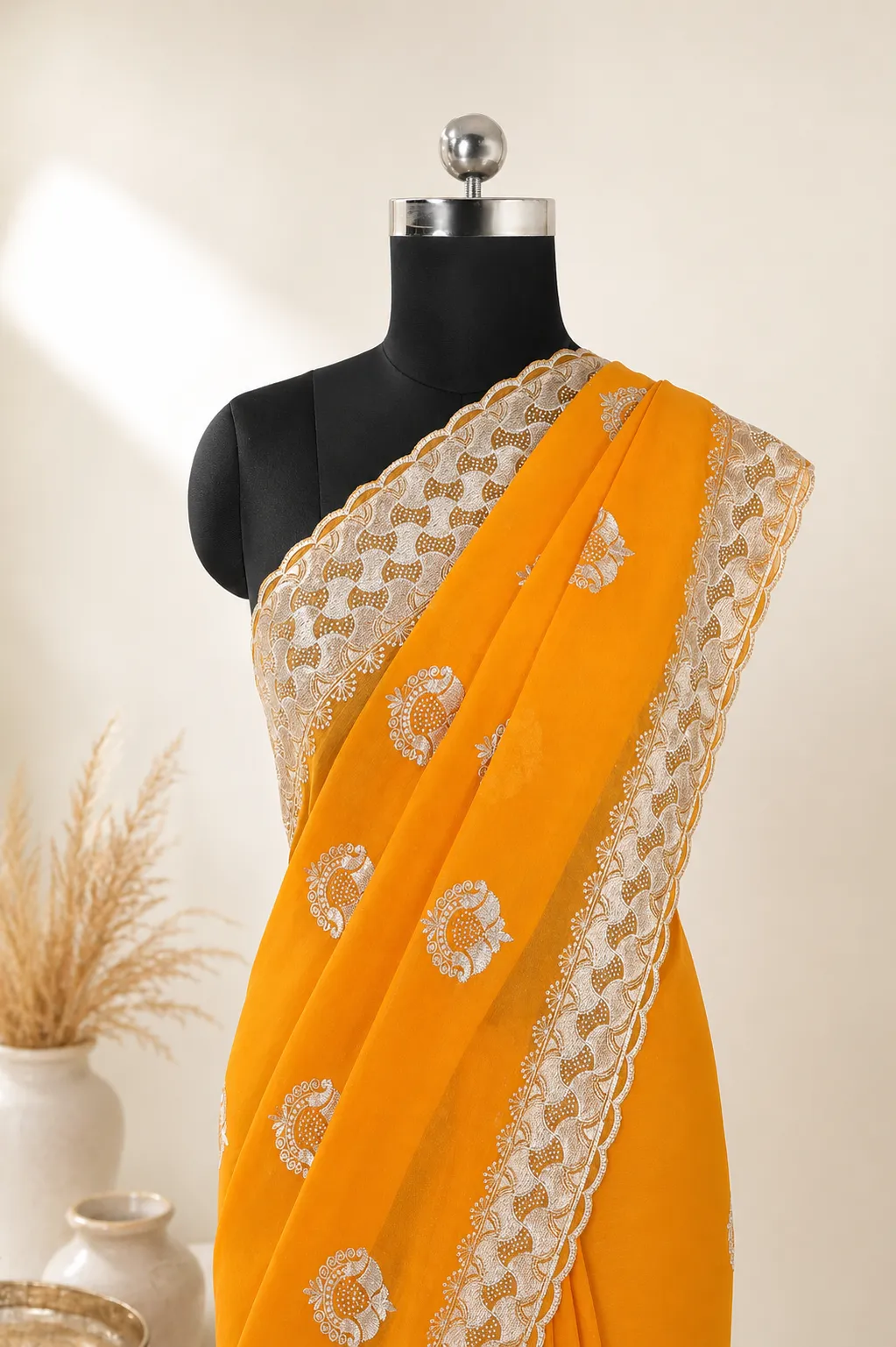Warm mustard yellow Vichitra Slub Weave Silk Saree