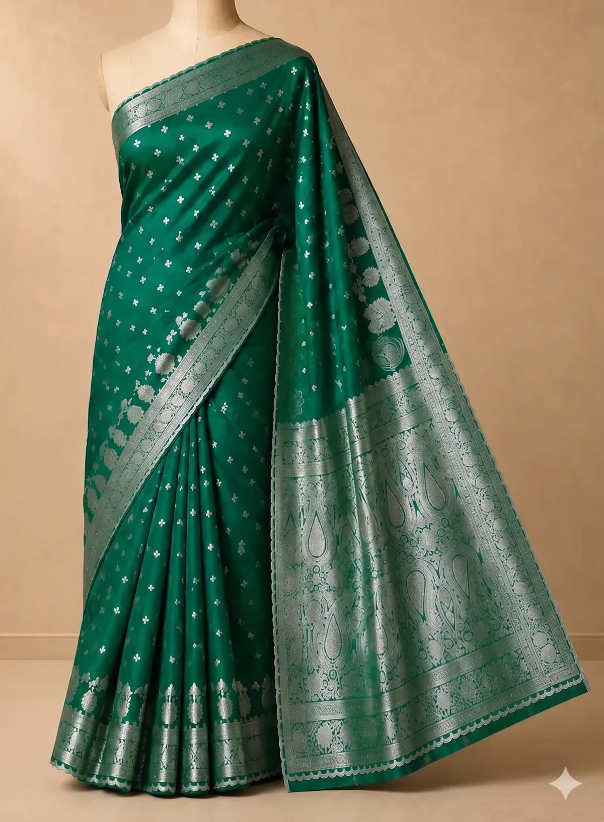 Forest Green Banarasi Silk Saree with Floral Zari Border