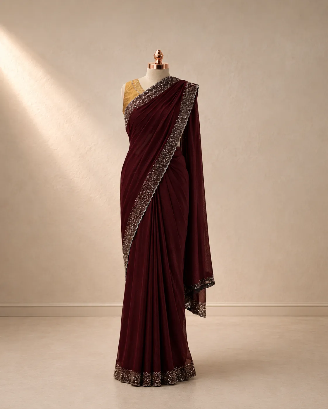Plum Wine Georgette Saree with Heavy Silver Cutdana Scallop Border
