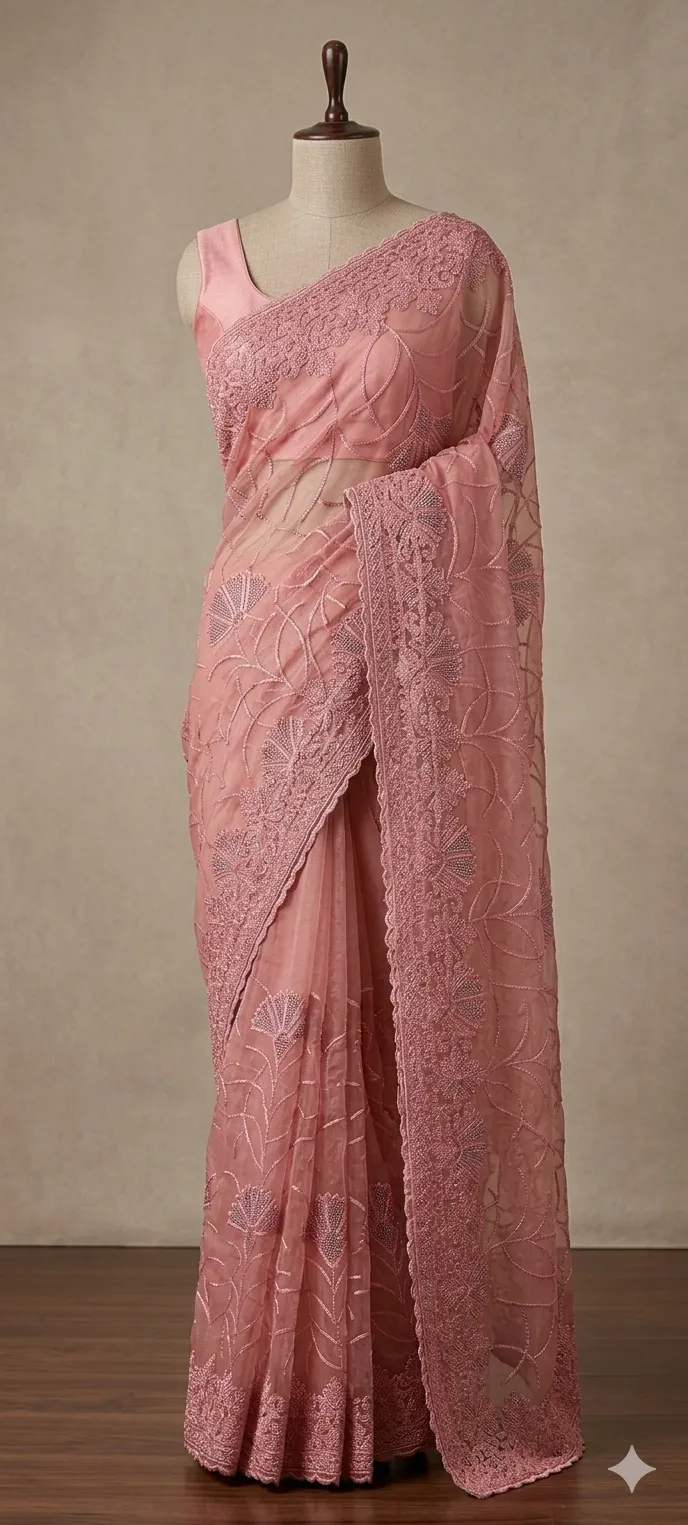 Blush Pink Dual-Tone Tissue Silk Saree with Heavy Floral Sequin Embroidery