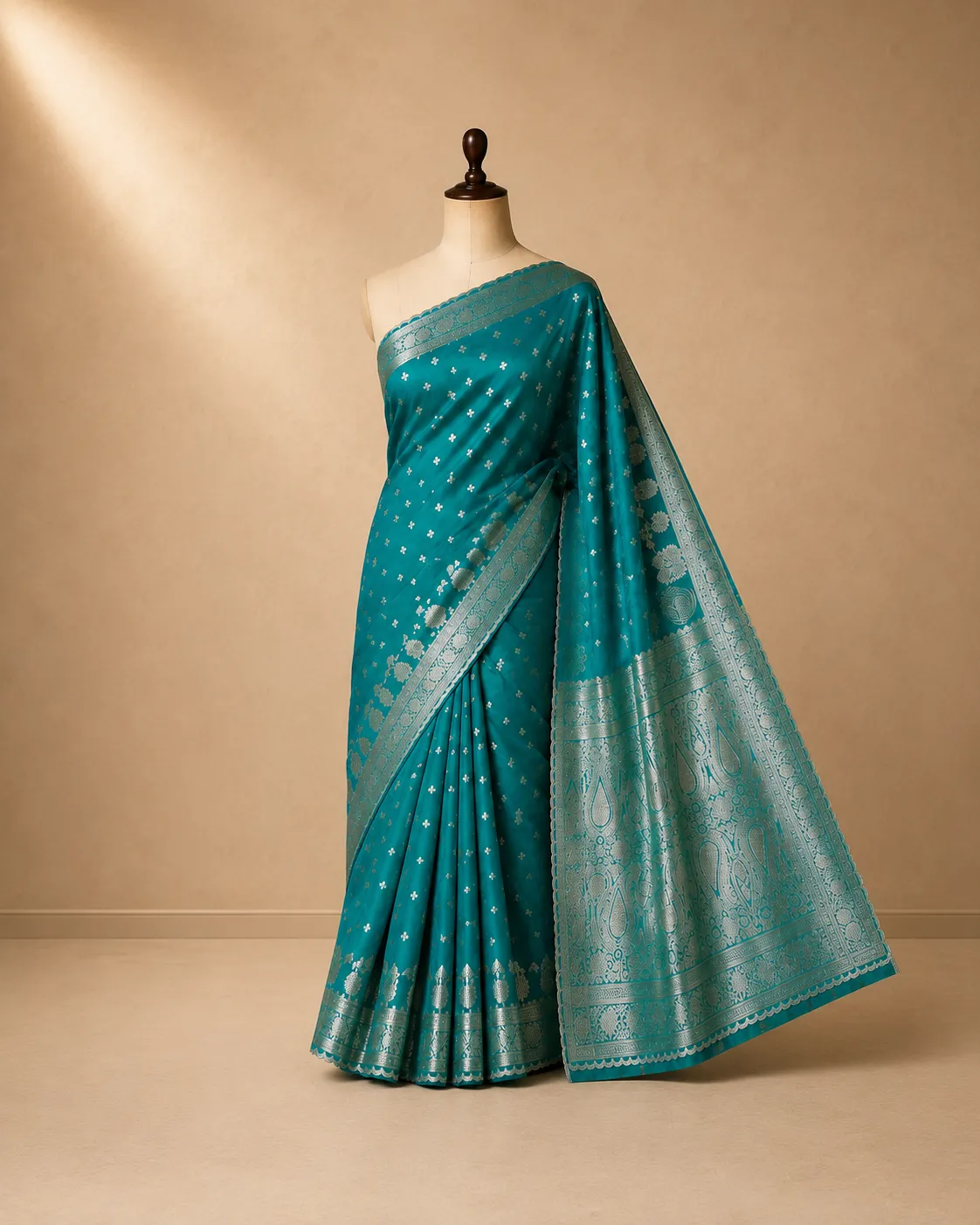 Turquoise Blue Banarasi Silk Saree with Floral Zari Border
