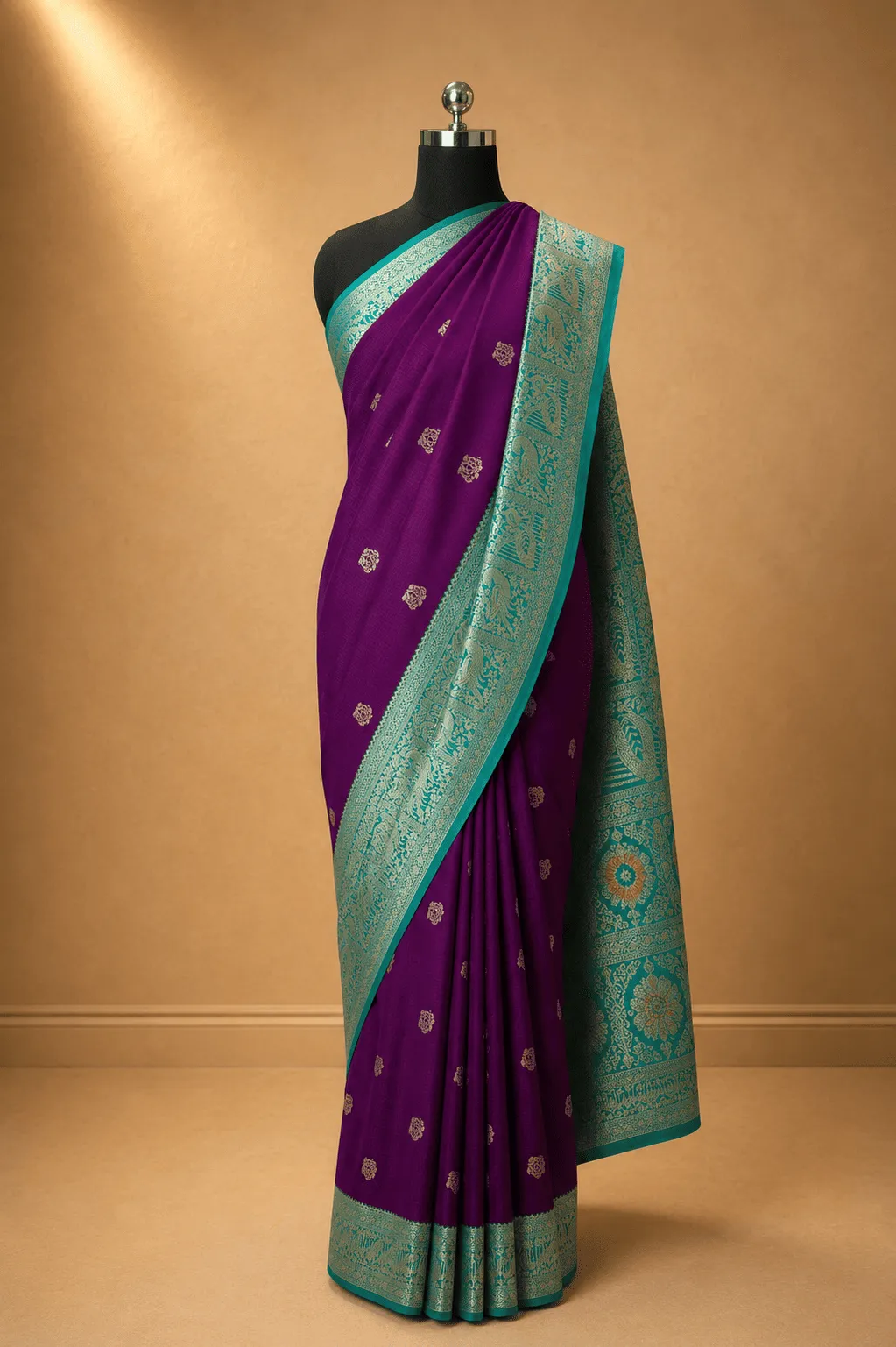 Rich Plum Purple & Turquoise Blue Banarasi Litchi Silk Saree