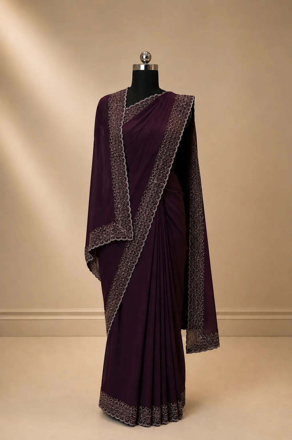 Midnight Plum Georgette Saree with Heavy Silver Cutdana Scallop Border