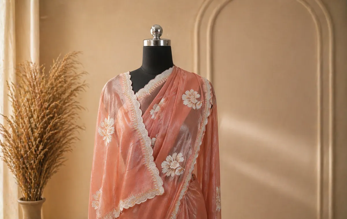 Blush Peach Organza Embroidered Saree