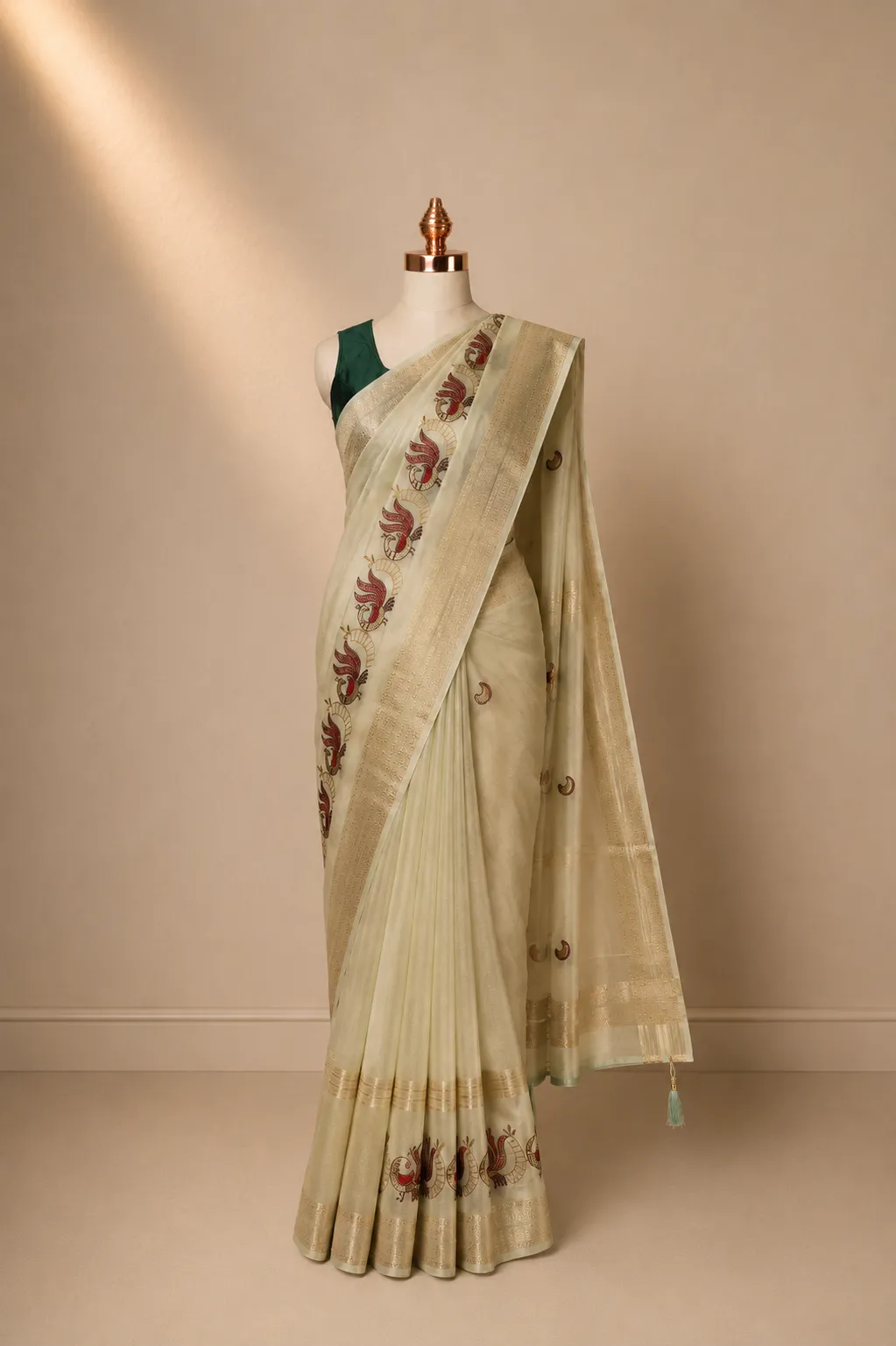 Ivory Gold Chanderi Silk Saree with Zari Border