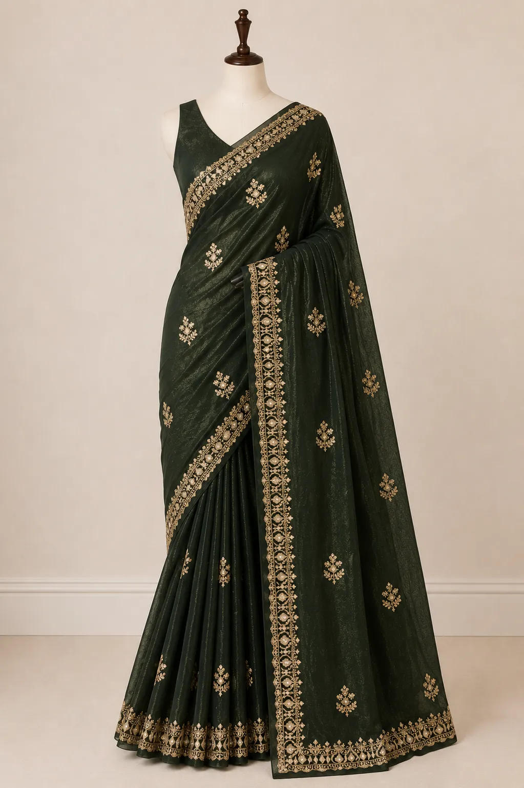 Deep Emerald Green Designer Silk Saree