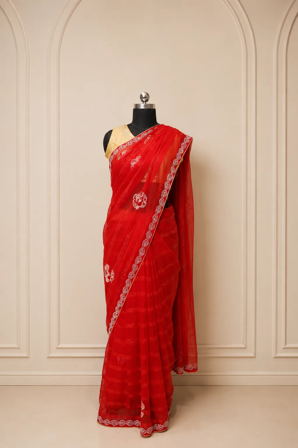 Classic Scarlet Red Shimmer Georgette Saree