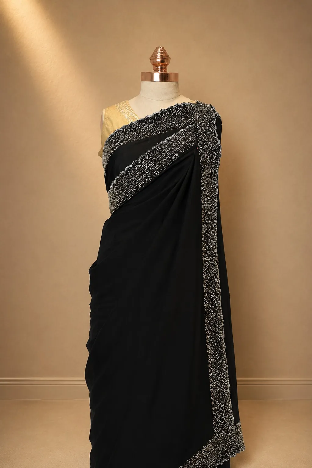 Noir Black Georgette Saree with Heavy Silver Cutdana Scallop Border