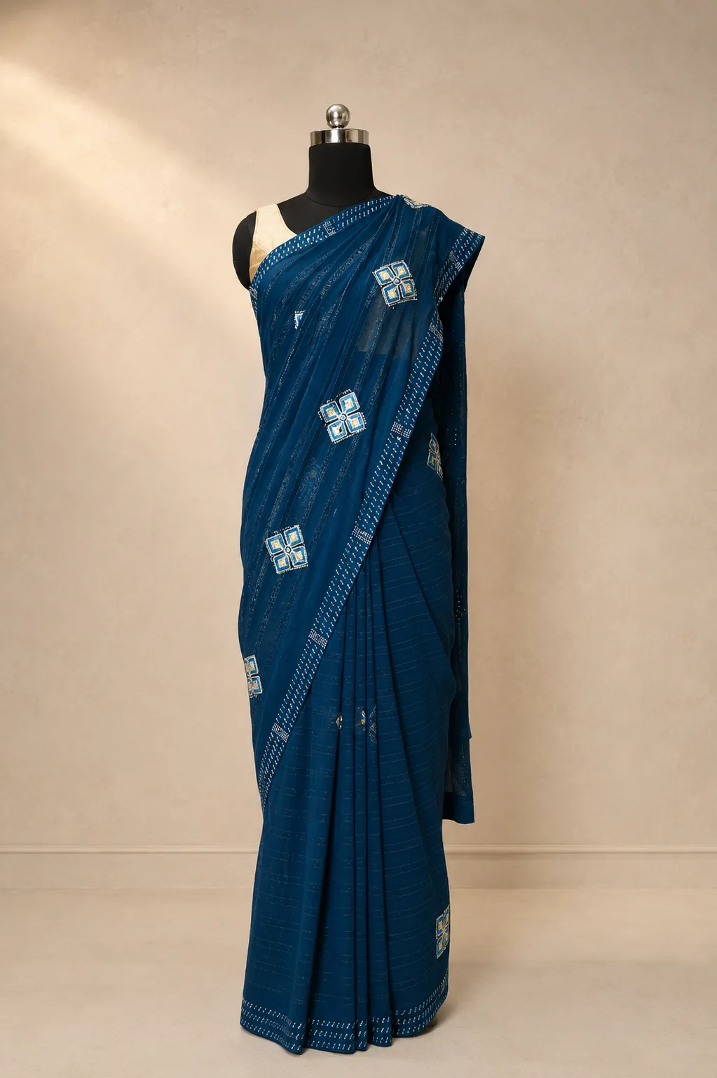 Royal Indigo Blue Georgette Saree with Shimmer Stripe Weave 