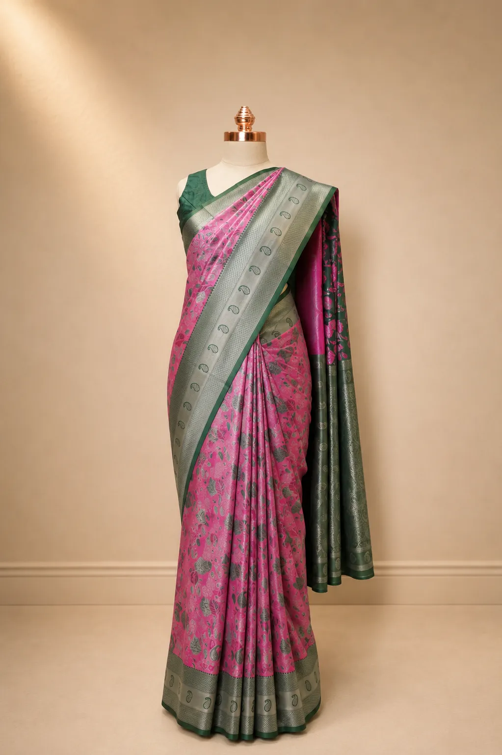 Rani Pink & Emerald Green Silver Banarasi Soft Silk Saree