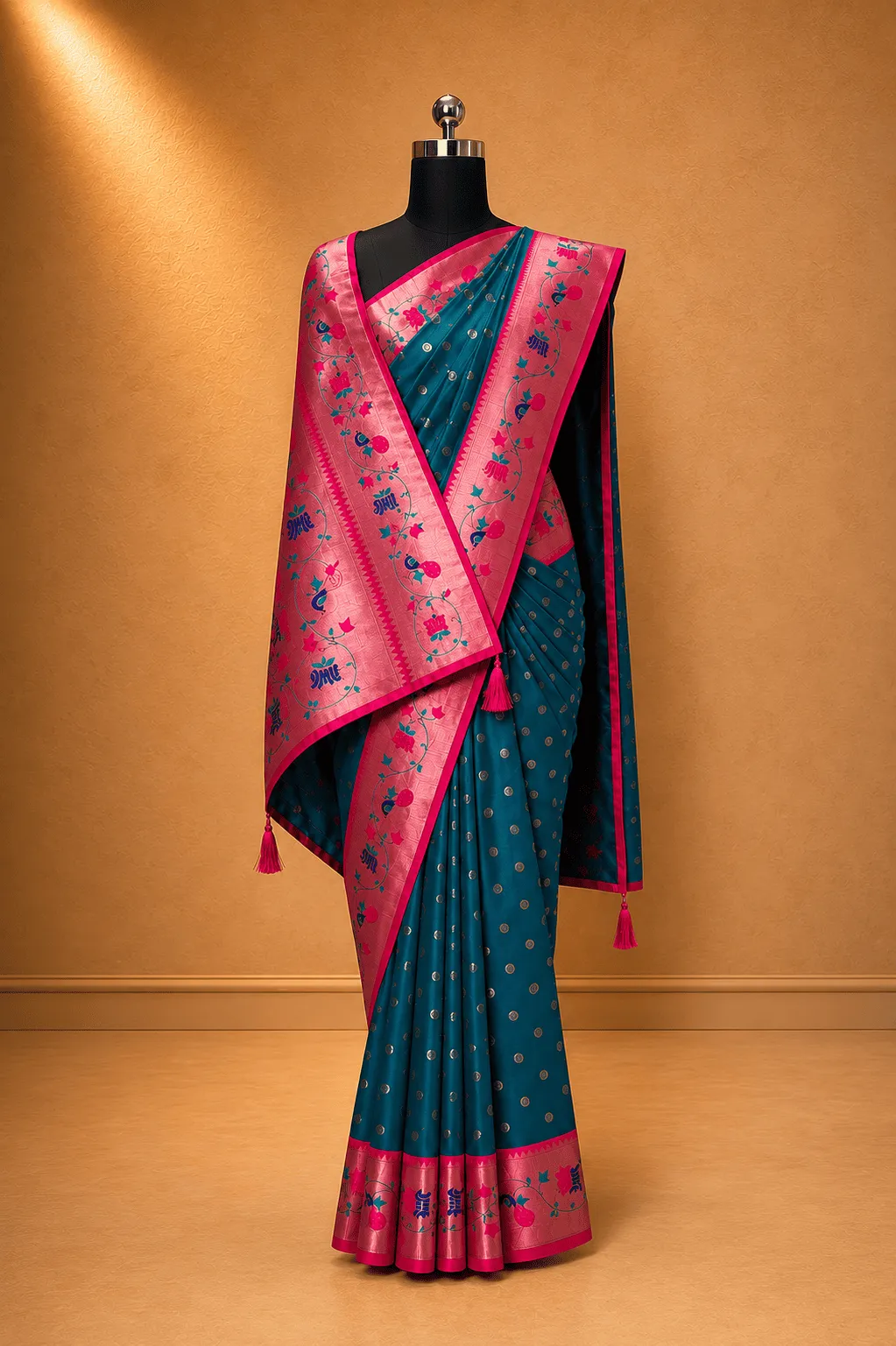 Peacock Blue & Candy Pink Paithani Style Silk Saree