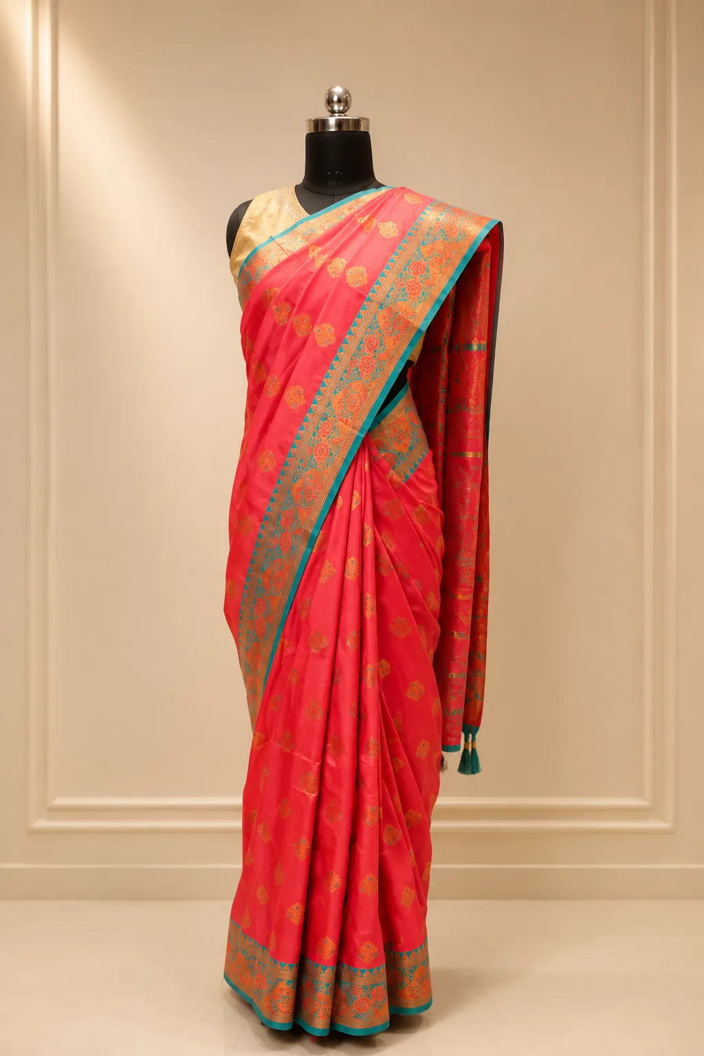 Coral Red Kanchipuram Style Silk Saree