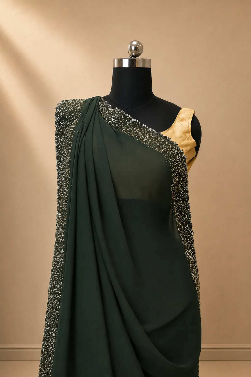 Deep Bottle Green Georgette Saree with Heavy Silver Cutdana Scallop Border