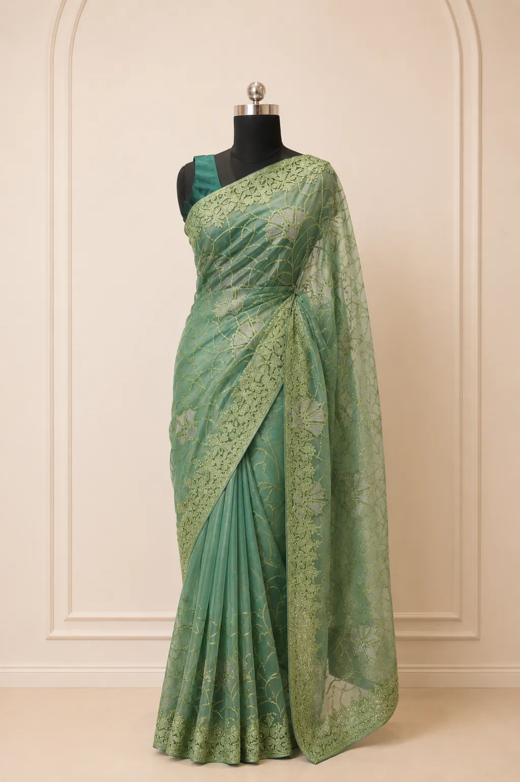 Luminous Sea Green Tissue Silk Saree with Floral Sequin Embroidery