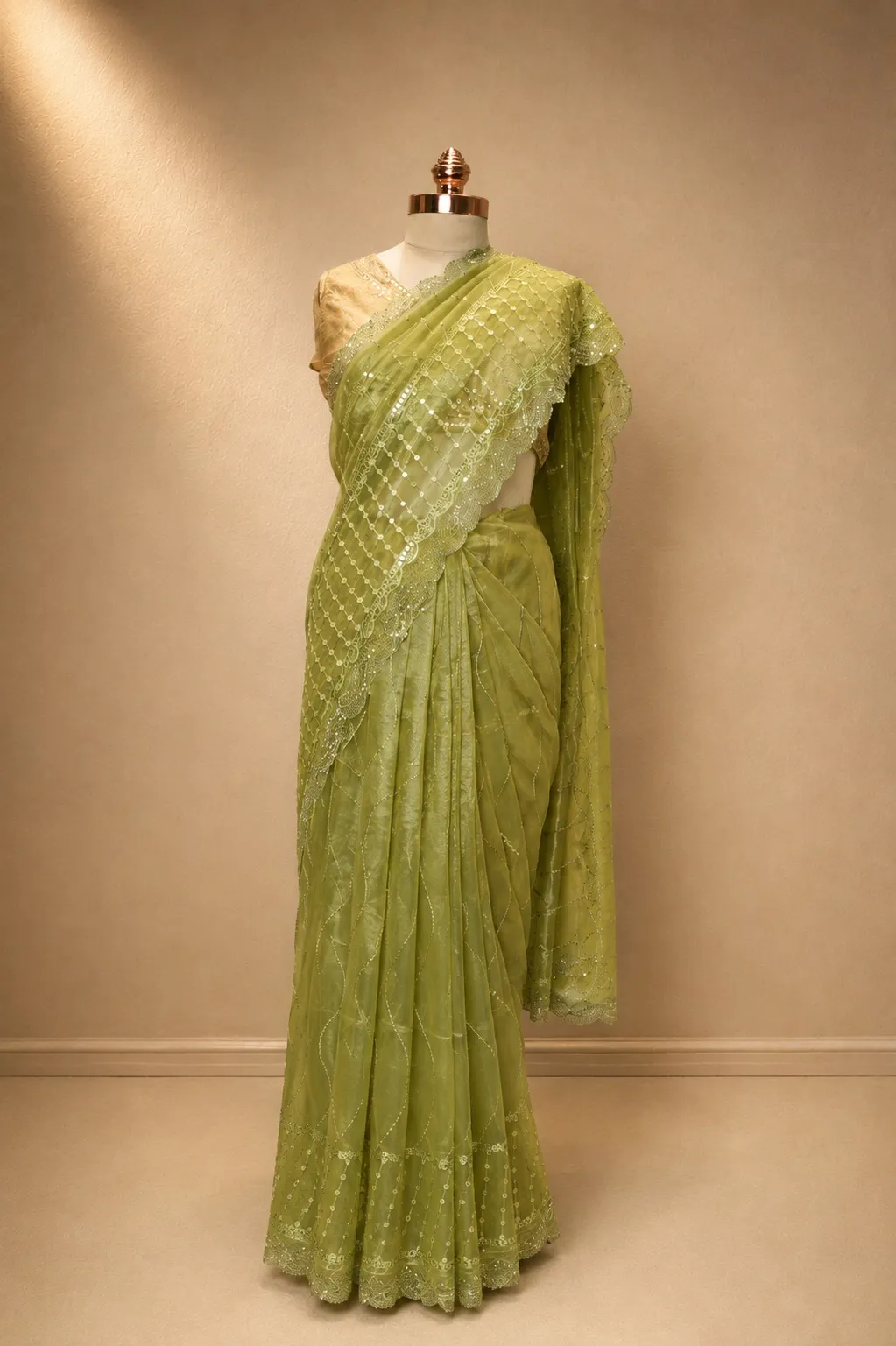 Pista Green Net Saree with Shimmering Sequin Wave Embroidery