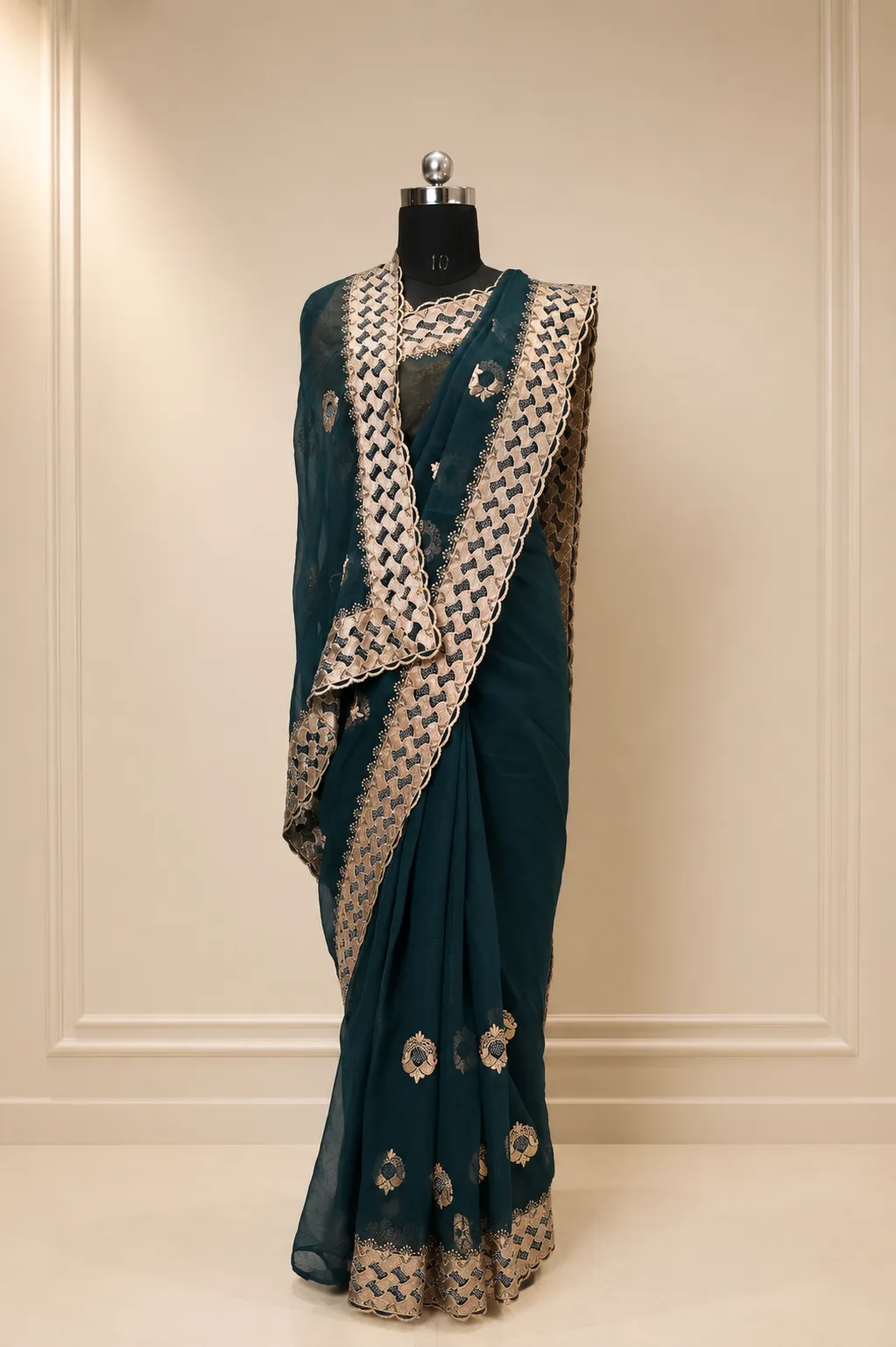 Deep Teal Blue Vichitra Slub Weave Silk Saree