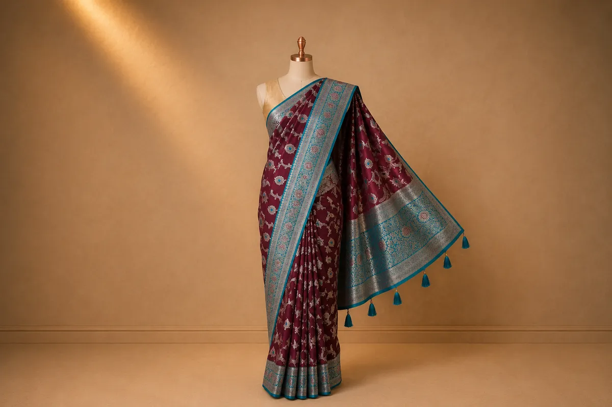 Royal Wine Banarasi Silk Saree with Shimmering Silver Zari