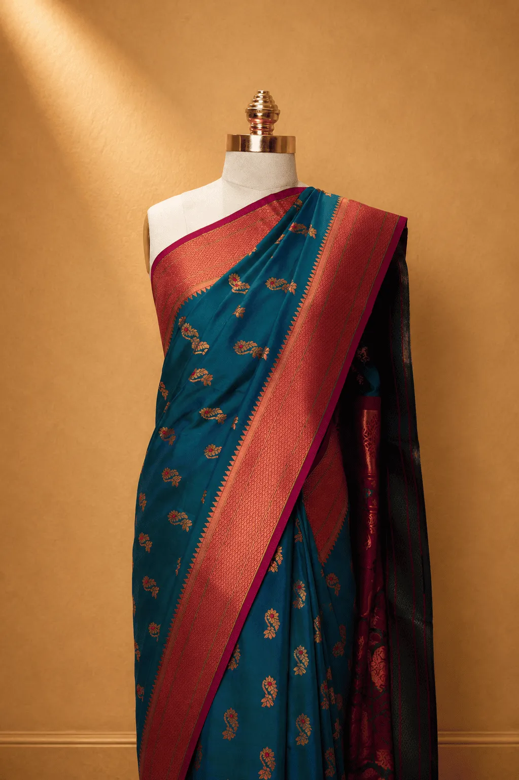 Peacock Teal & Magenta Banarasi Litchi Silk Saree