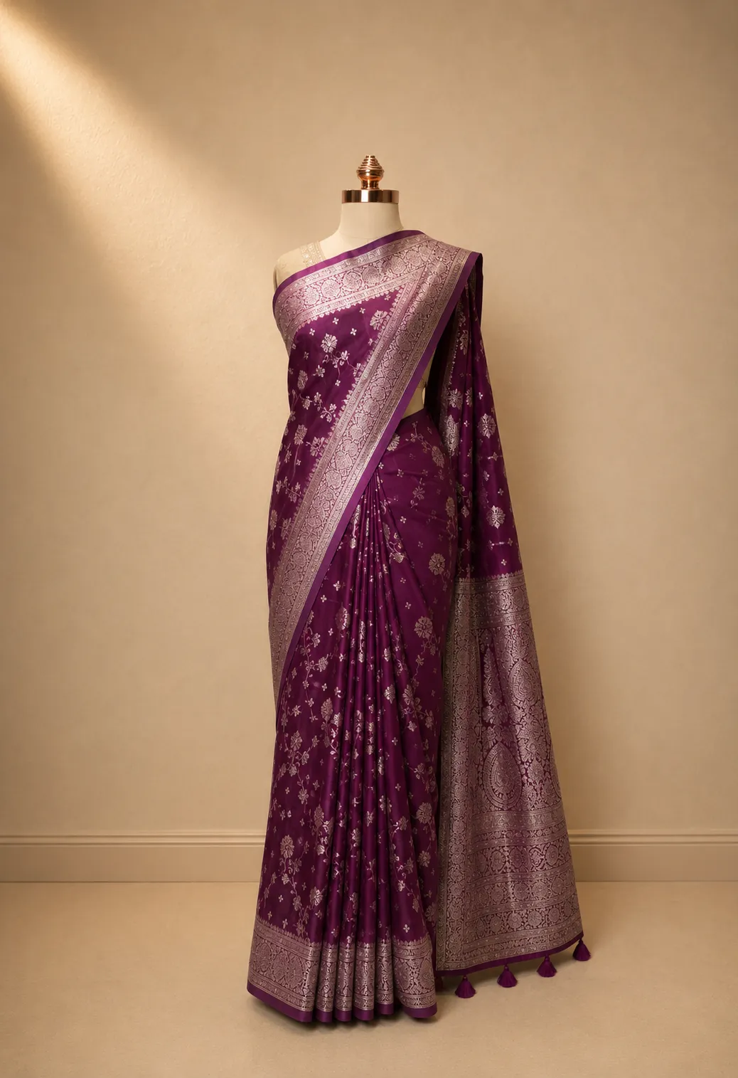 Royal Plum Banarasi Silk Saree with Floral Zari Border