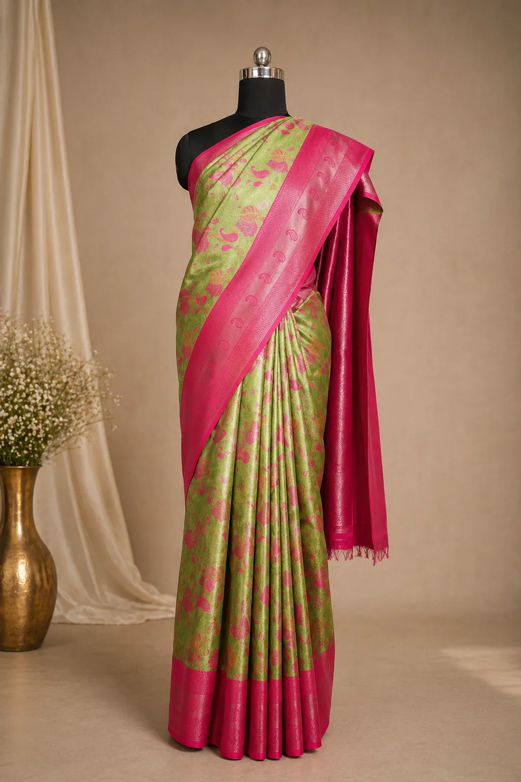 Elegant Pistachio Green & Rani Pink Banarasi Soft Silk Saree