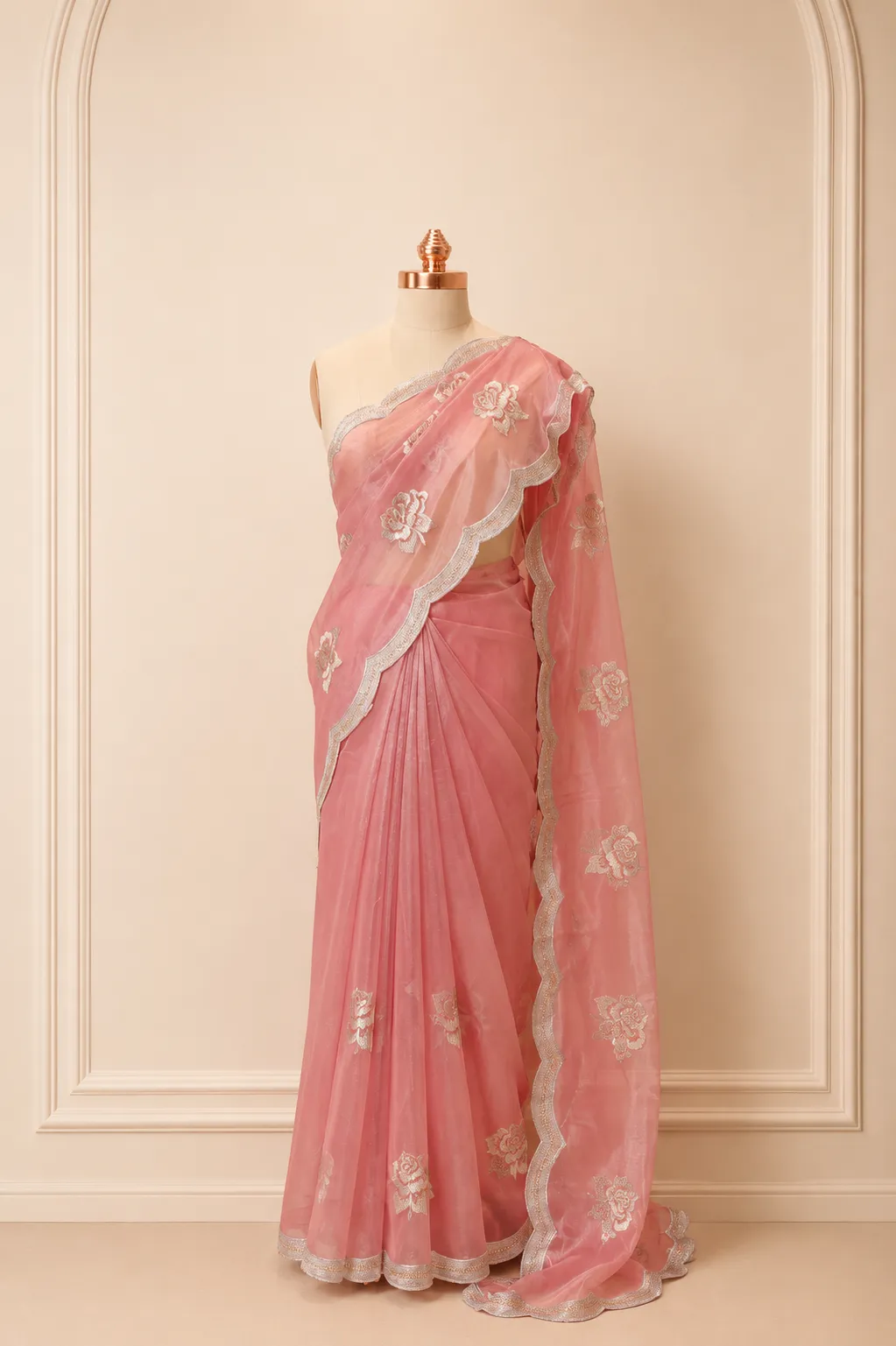 Peach Pink Premium Tissue Saree with Luminous Metallic Shimmer