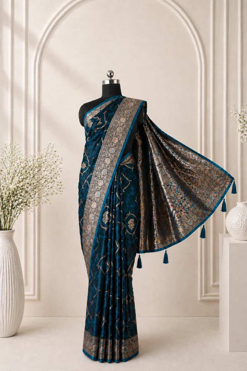 Royal Peacock Blue Banarasi Silk Saree
