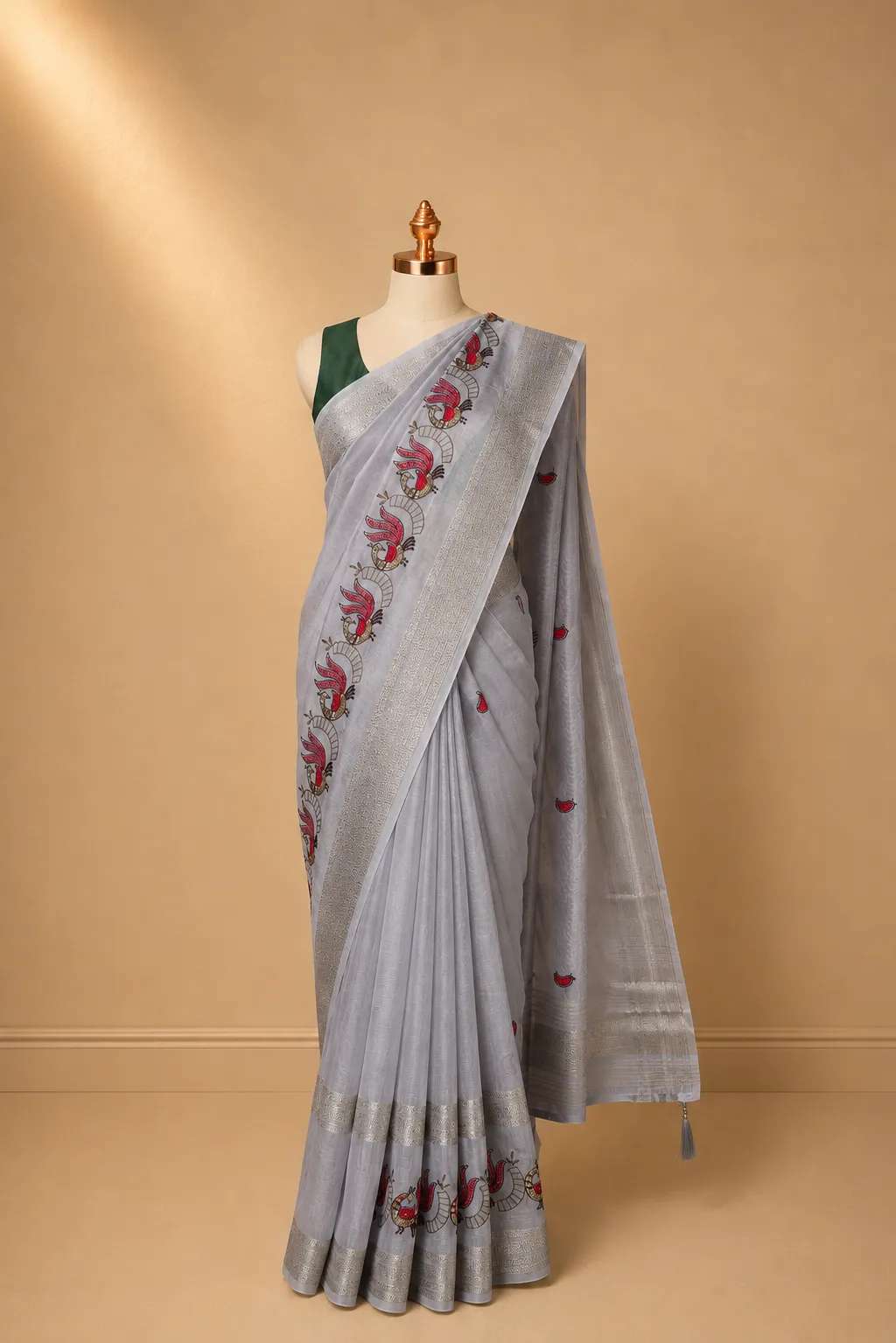 Silver Mist Chanderi Silk Saree with Zari Border