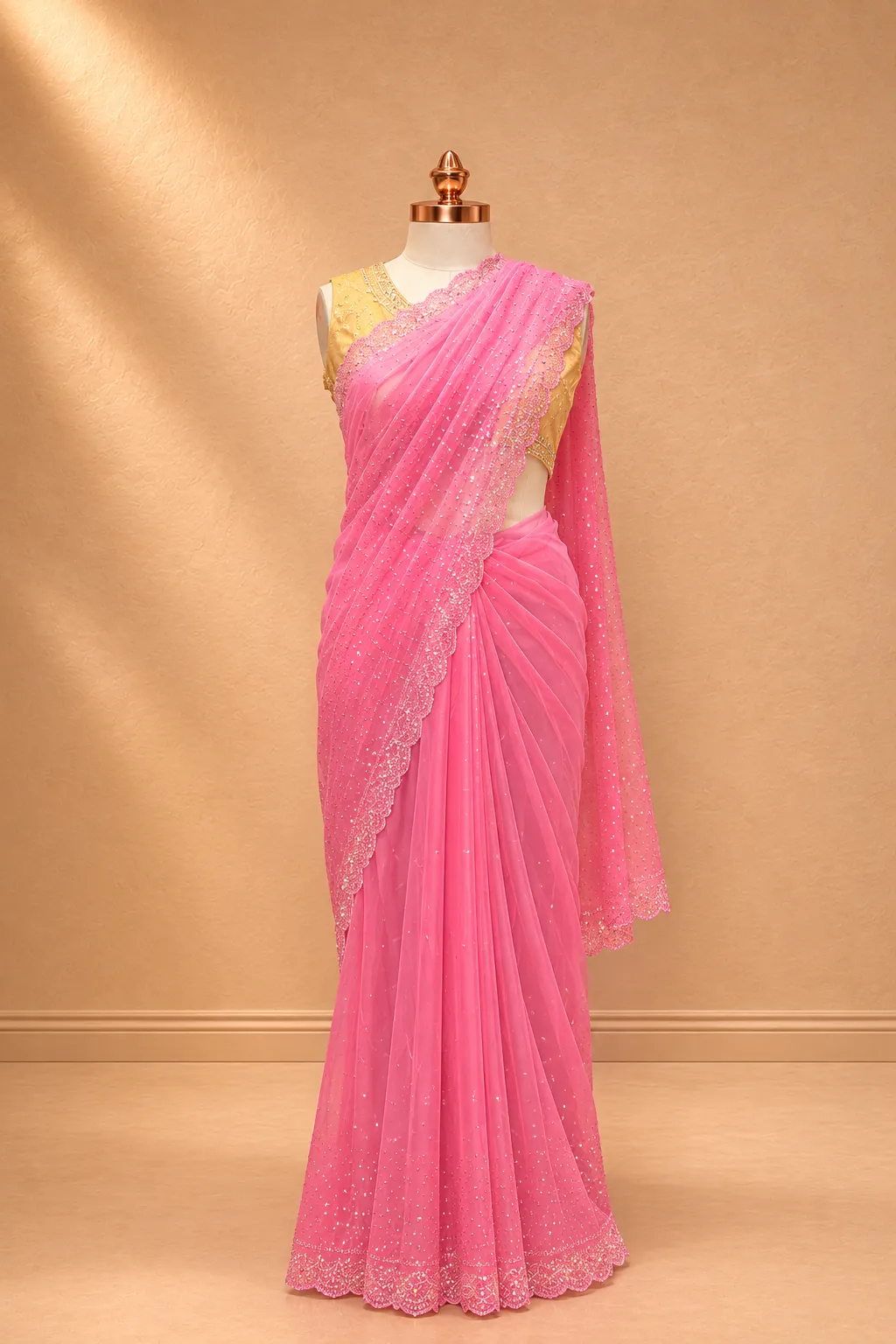 Candy Pink Net Saree with Shimmering Sequin Wave Embroidery