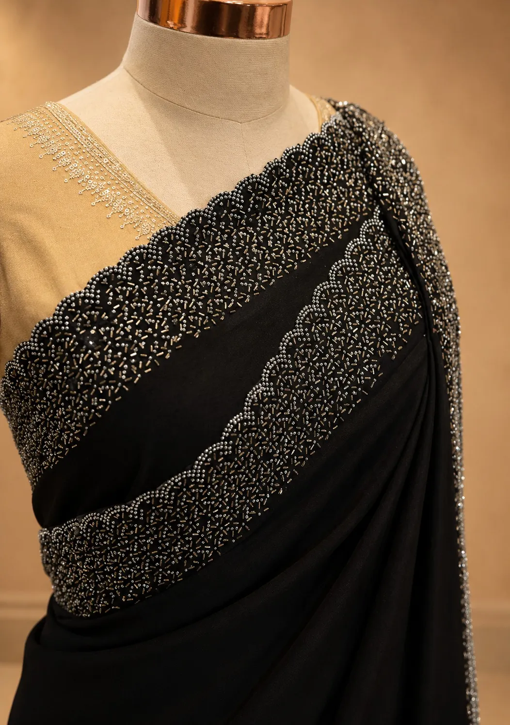 Noir Black Georgette Saree with Heavy Silver Cutdana Scallop Border