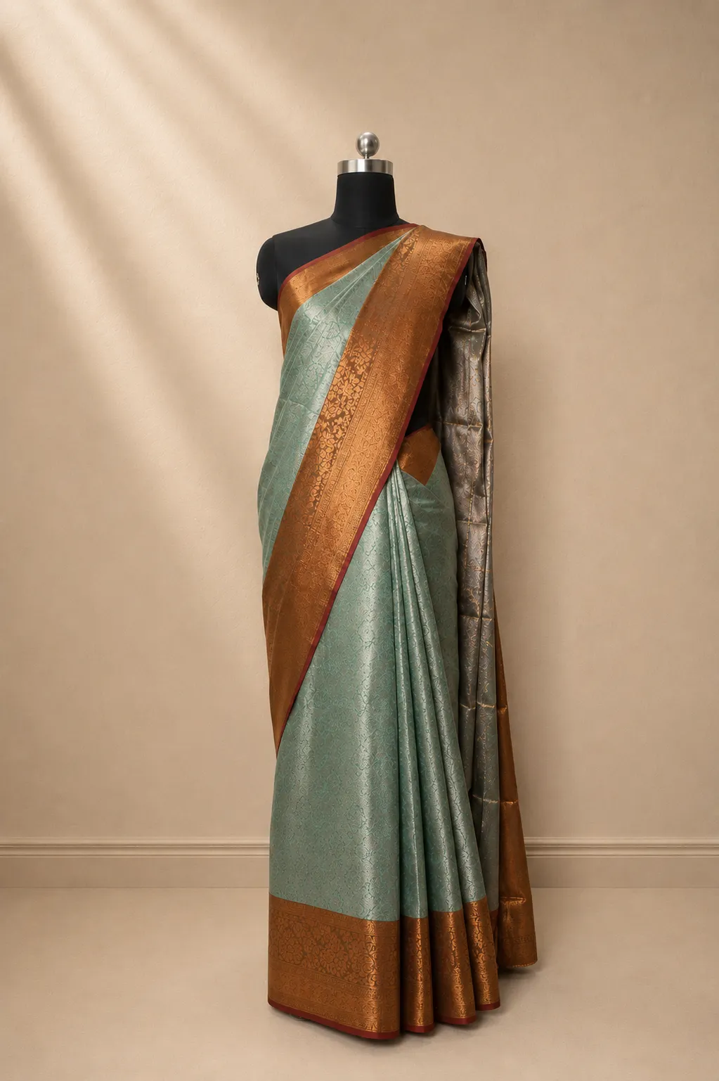 Sage Green & Antique Gold Banarasi Silk Saree