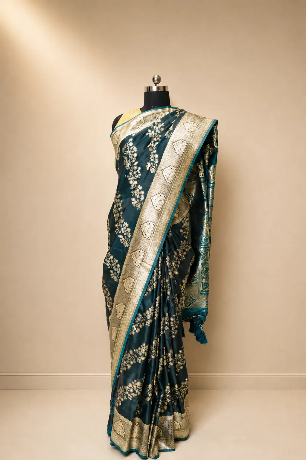 Deep Teal Banarasi Silk Saree with Antique Silver Zari Border