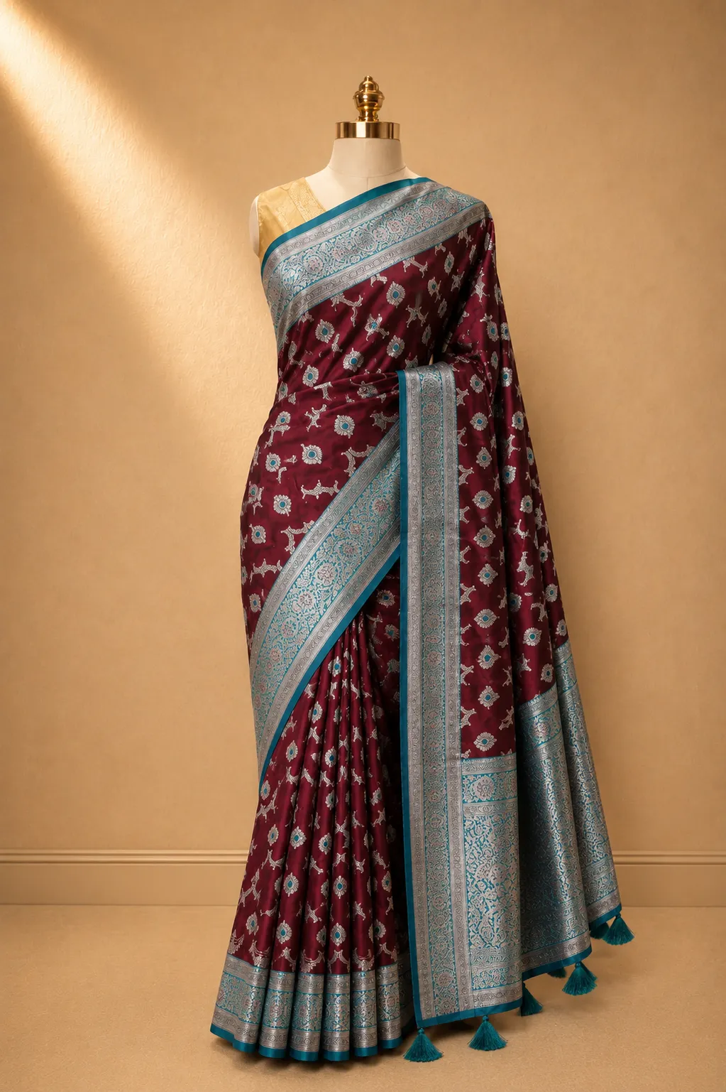 Deep Maroon Banarasi Silk Saree with Shimmer ing Silver Zari | Luxury Wedding & Festive Wear Saree