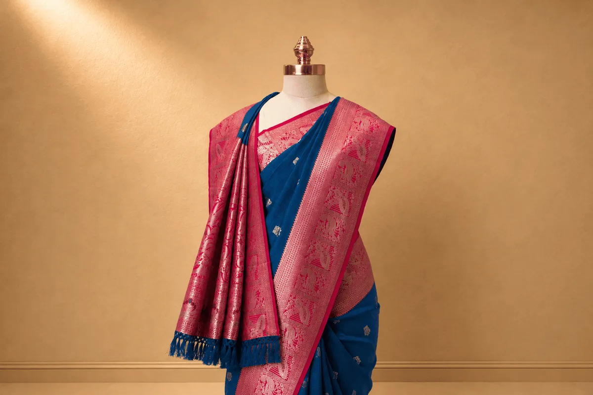 Royal Blue & Rani Pink Banarasi Litchi Silk Saree
