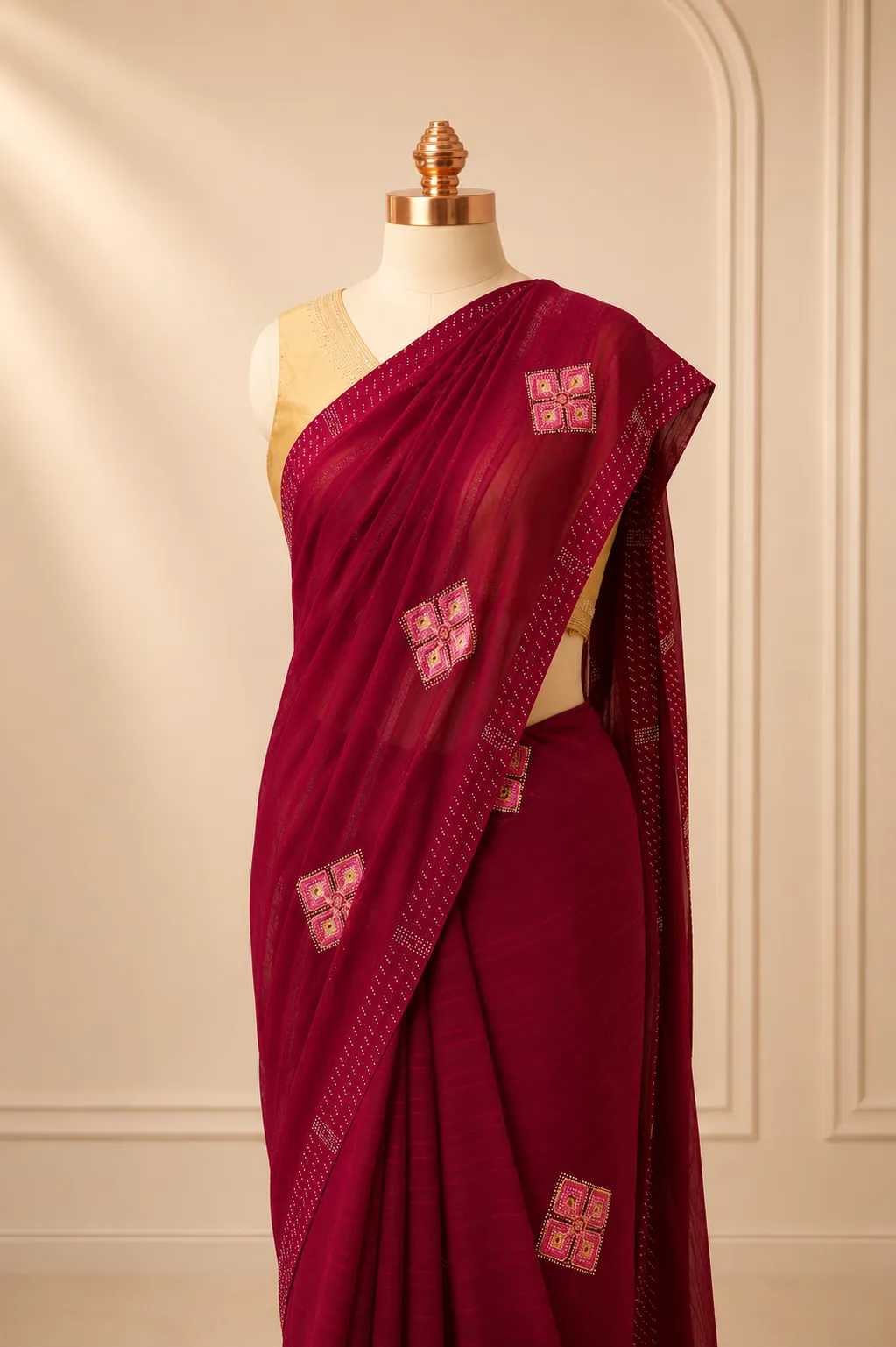 Deep Crimson Georgette Saree with Shimmer Stripe Weave