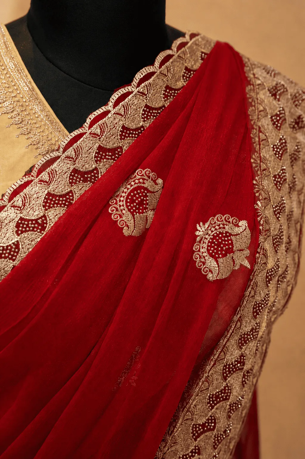 Crimson Red Vichitra Slub Weave Silk Saree