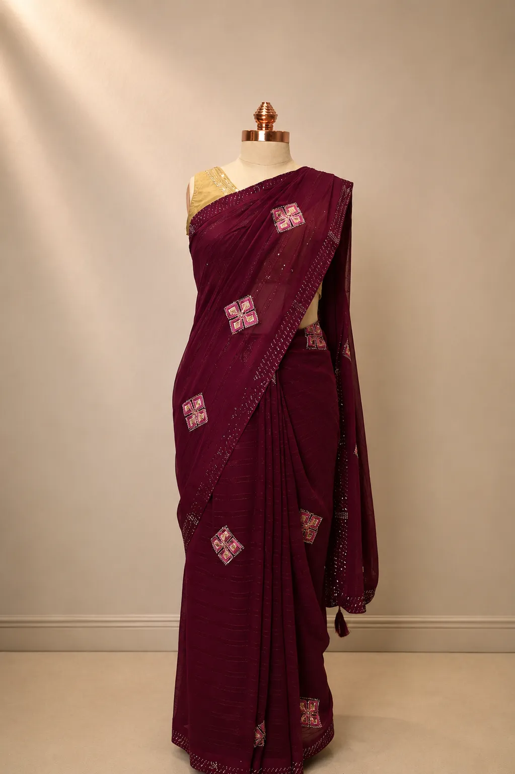 Glamorous Wine Georgette Saree with Shimmer Stripe Weave 